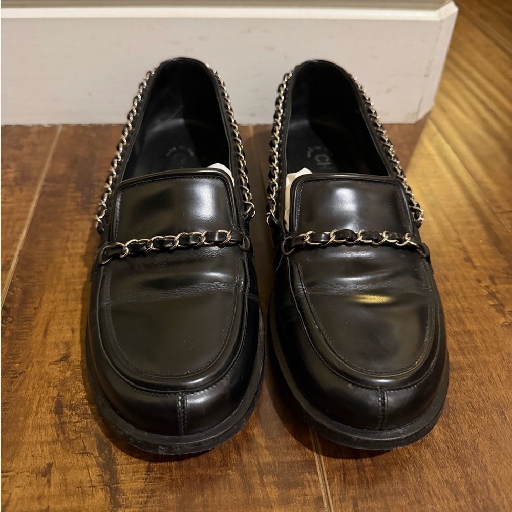 CHANEL Black Loafers with Silver Chain Accent - Picture 2 of 6